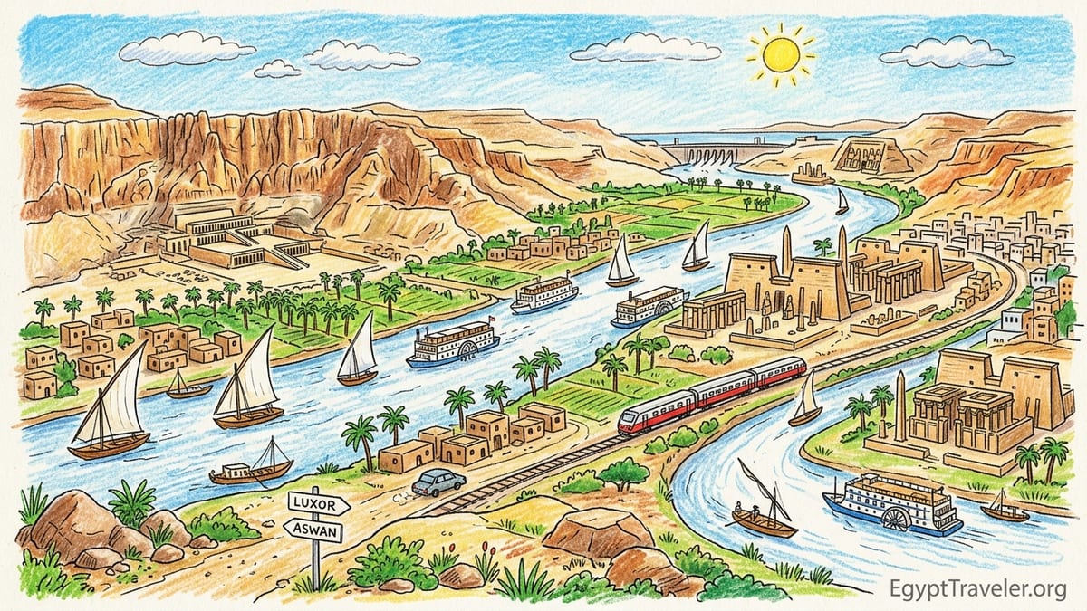 Sunrise over the Nile at Luxor with feluccas, palm groves and west bank cliffs.