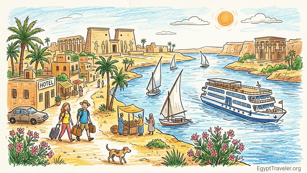 Travelers with luggage on Luxor’s Nile corniche choosing car and hotel instead of a Nile cruise ship.