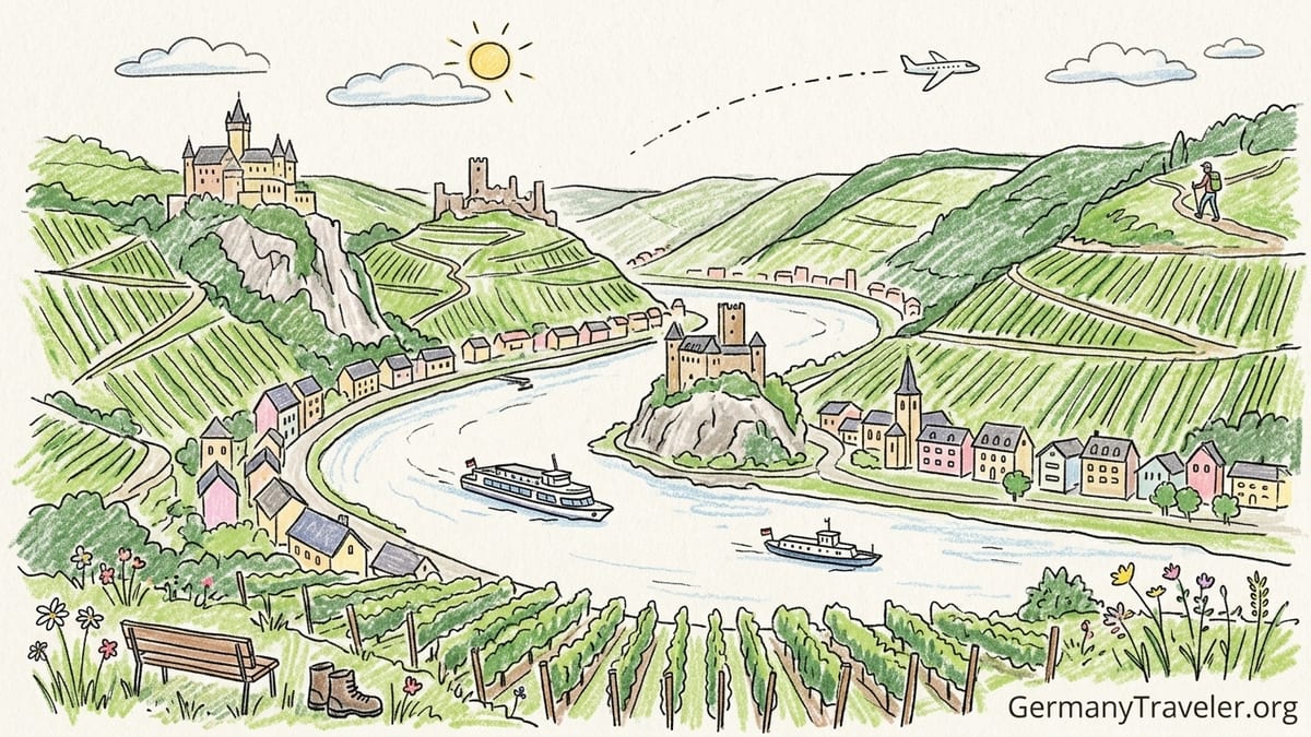 View over the Upper Middle Rhine Valley with vineyards, castle and river bend near Boppard.