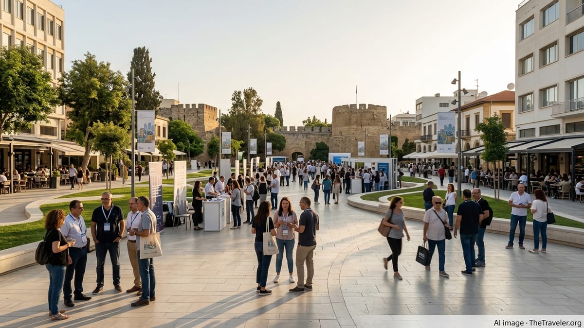 Eleftheria Square in Nicosia filled with people and festival booths at sunset.