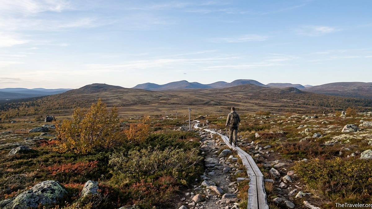 Hiker following a narrow trail across autumn fells in Urho Kekkonen National Park, Finland.