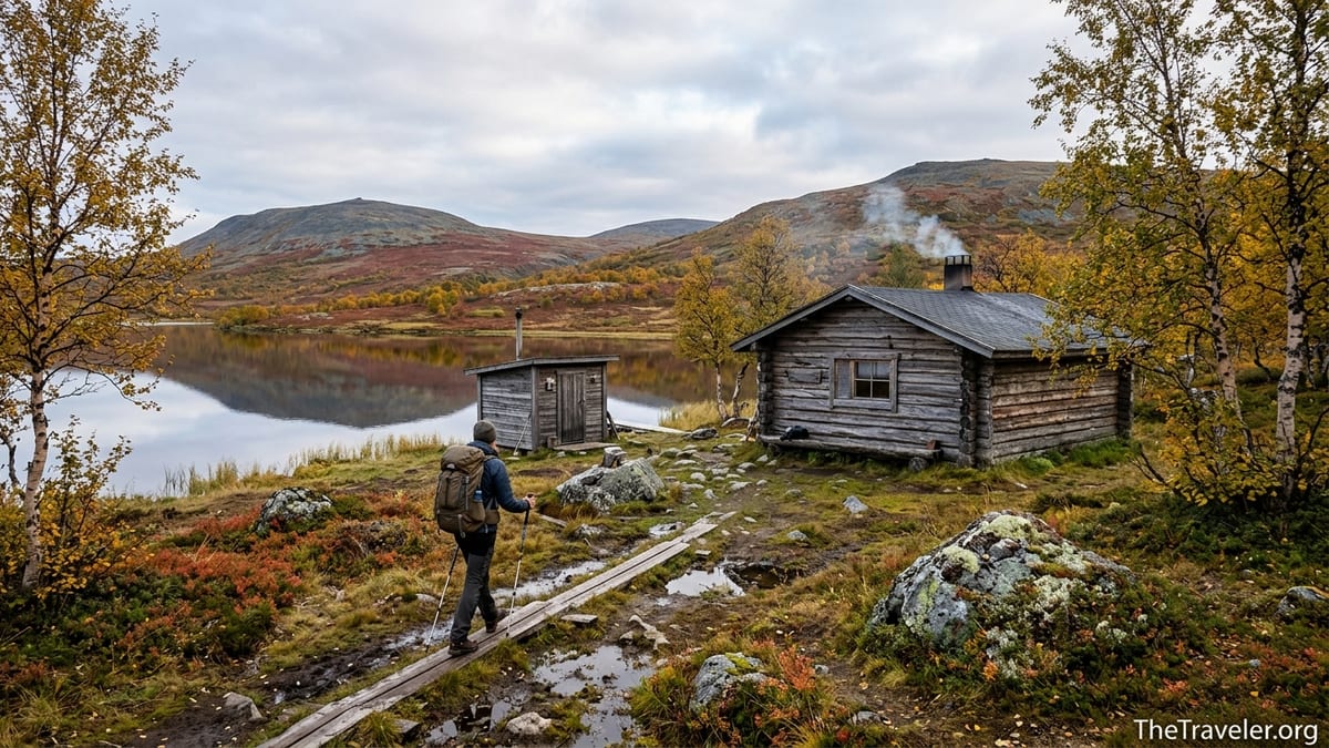 Hiker walking toward a lakeside wilderness hut and fells in Urho Kekkonen National Park in autumn.