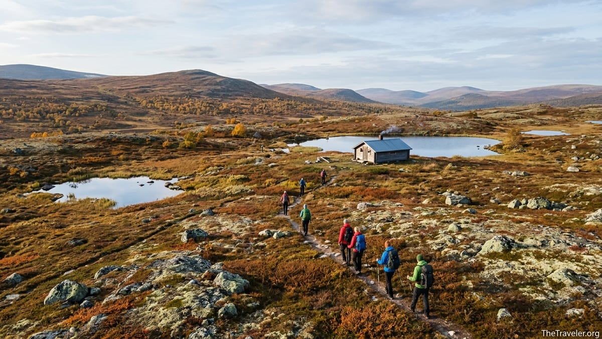 Hikers follow a fell trail toward a remote hut and lakes in Urho Kekkonen National Park in autumn.