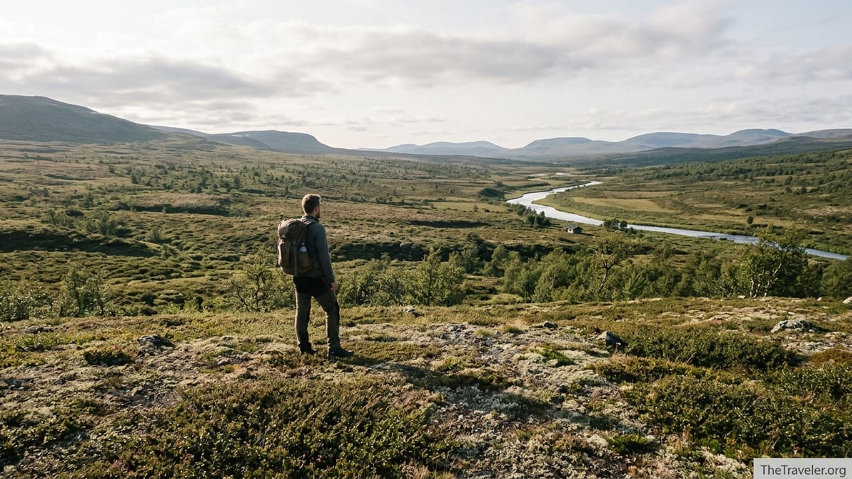 Solo hiker overlooking vast fells and a distant hut in Urho Kekkonen National Park.