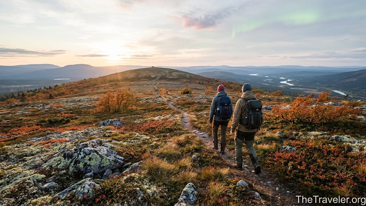 Hikers walking along a fell ridge in Urho Kekkonen National Park at autumn sunset.