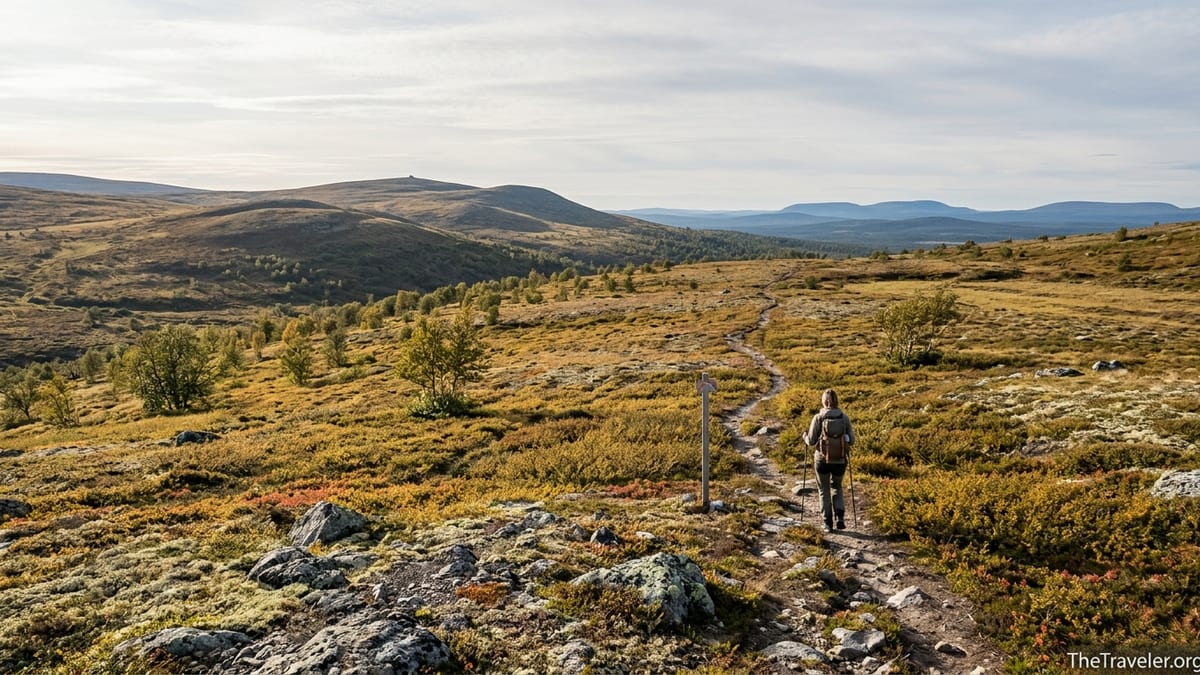 Autumn hiking trail winding across open fells in Urho Kekkonen National Park, Finnish Lapland.