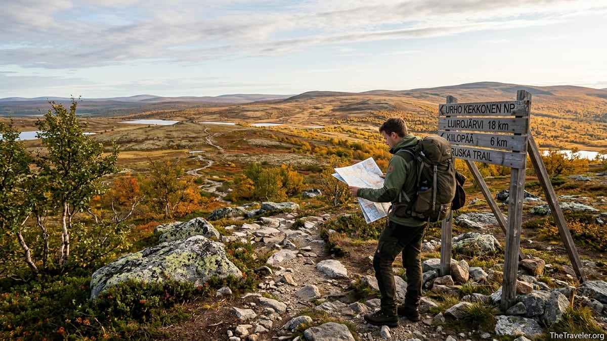 Hiker reading a map beside a wooden trail sign in Urho Kekkonen National Park fells.
