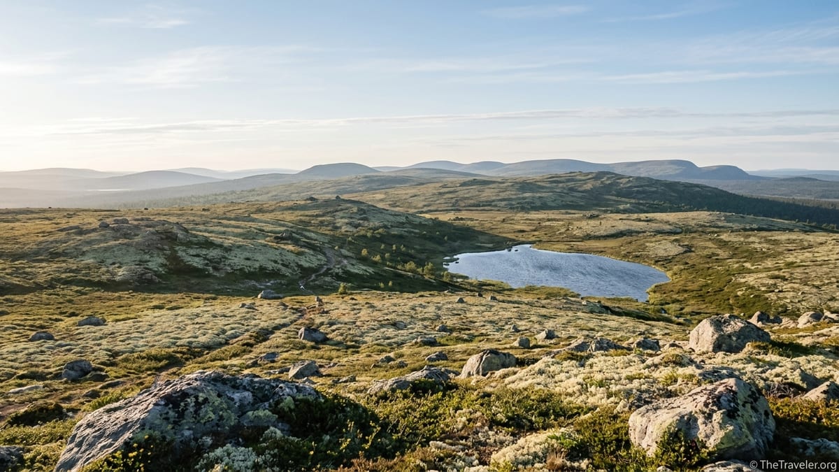 Wide tundra fell landscape in Urho Kekkonen National Park with distant rounded hills and a small lake under soft evening sun.