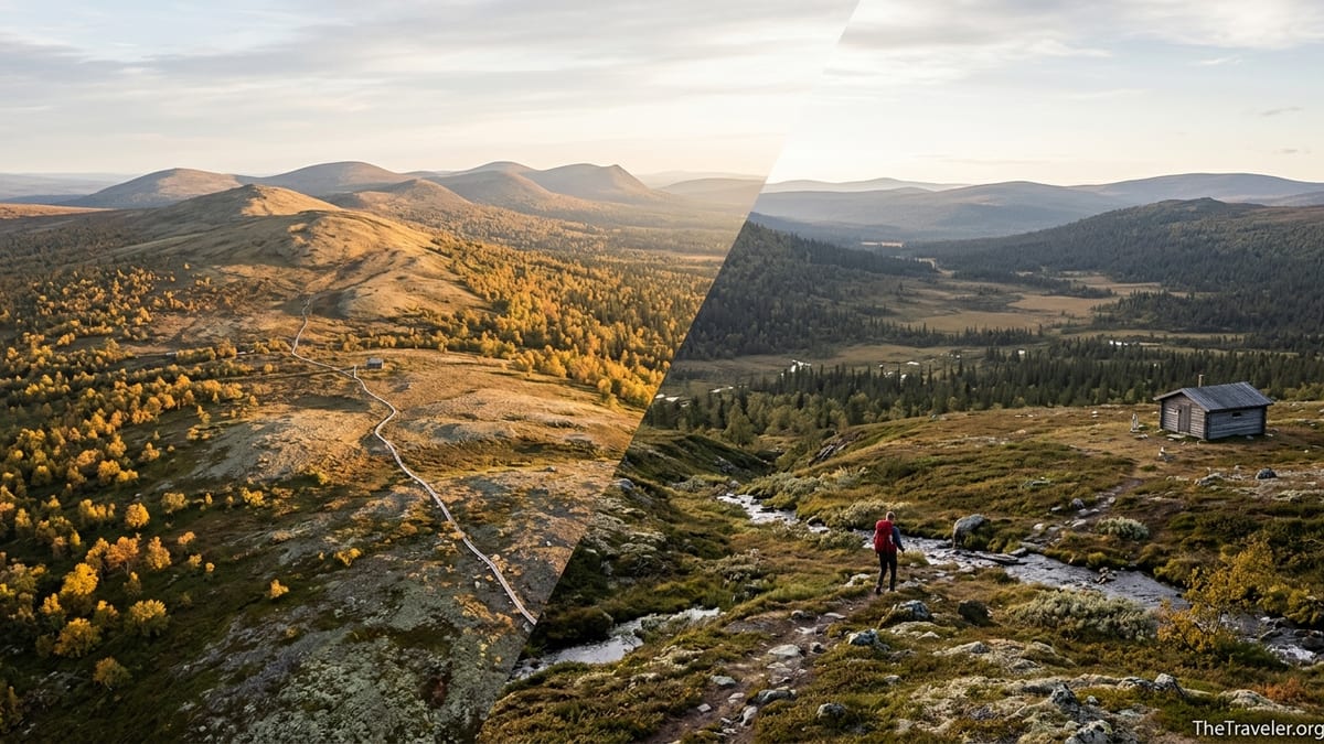 Aerial view of Finnish Lapland fells showing contrasting landscapes of two national parks in autumn colors.