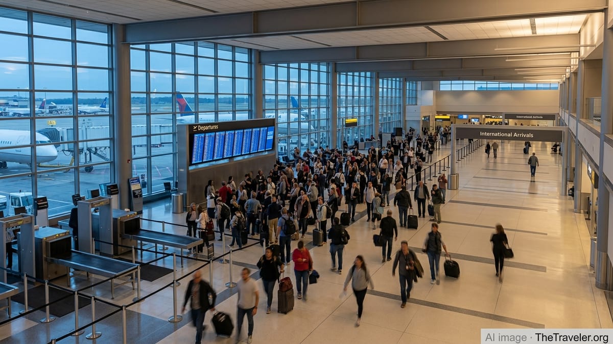 Busy U.S. airport departure hall with crowded outbound gates and a quieter international arrivals corridor.