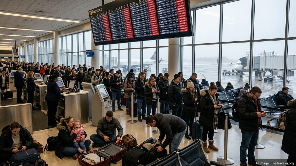 Crowded U.S. airport terminal with canceled flights on the departures board during a storm.