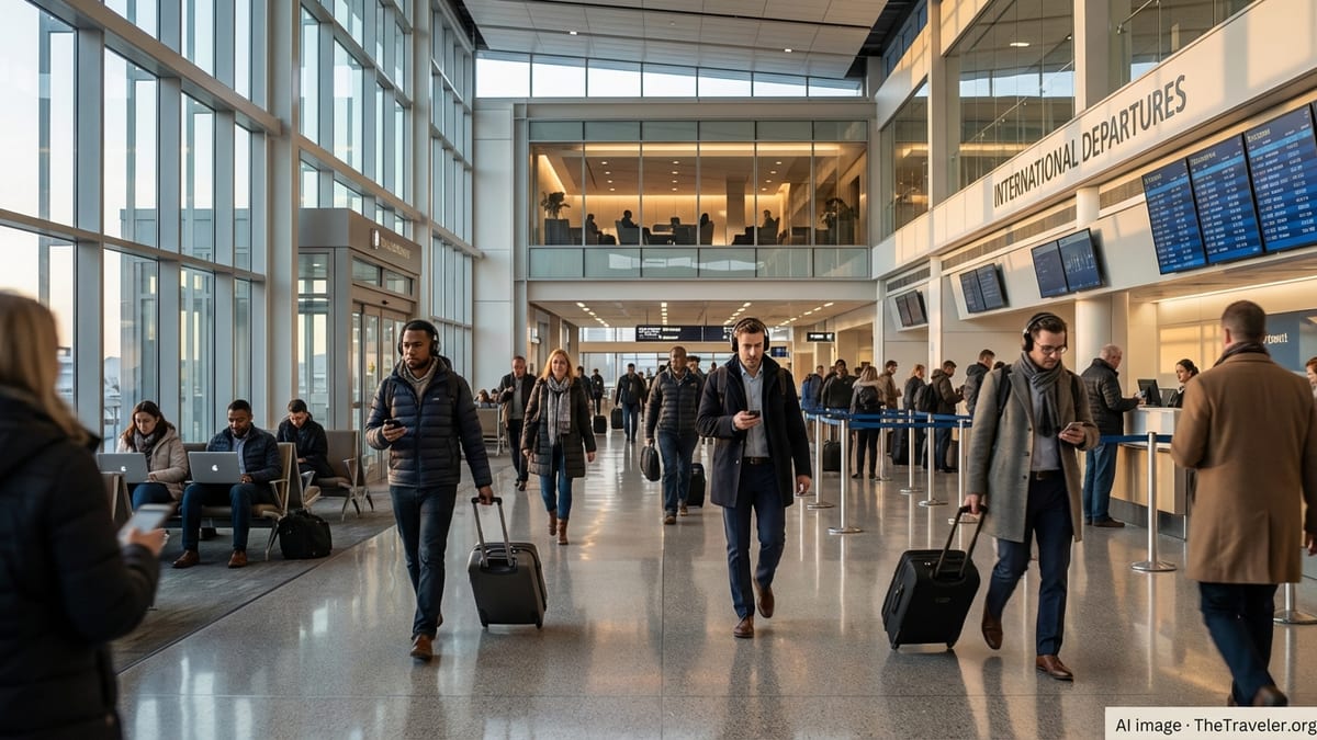 Travelers crowd a premium international departure hall at a major U.S. airport at dawn.