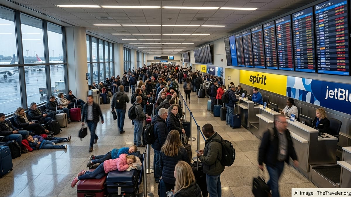 Passengers stranded in a crowded US airport terminal with departure boards showing widespread flight cancellations and delays
