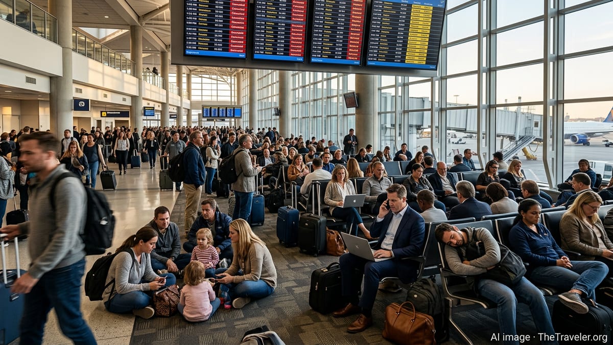 Crowded US airport terminal with stranded passengers watching a departure board showing multiple delays and cancellations.