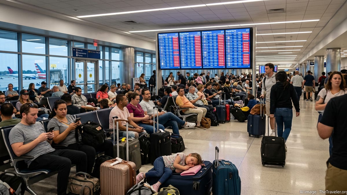 Crowded US airport concourse with stranded passengers under departure boards showing canceled and delayed flights.