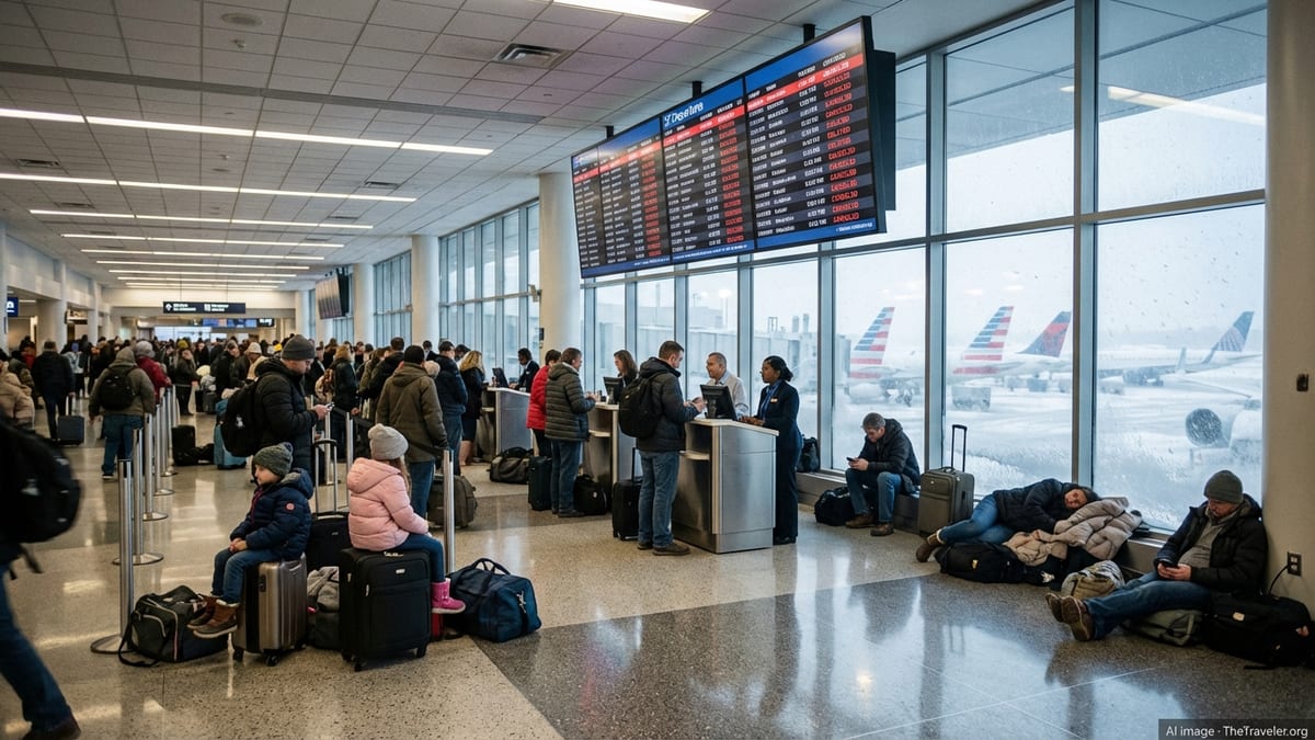 Crowded US airport terminal with passengers waiting under a departure board full of canceled and delayed flights.