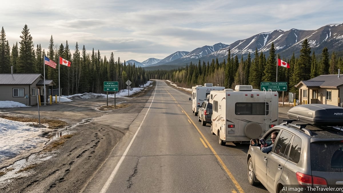 Cars and RVs queue at a remote US–Canada border station on the Alaska Highway.