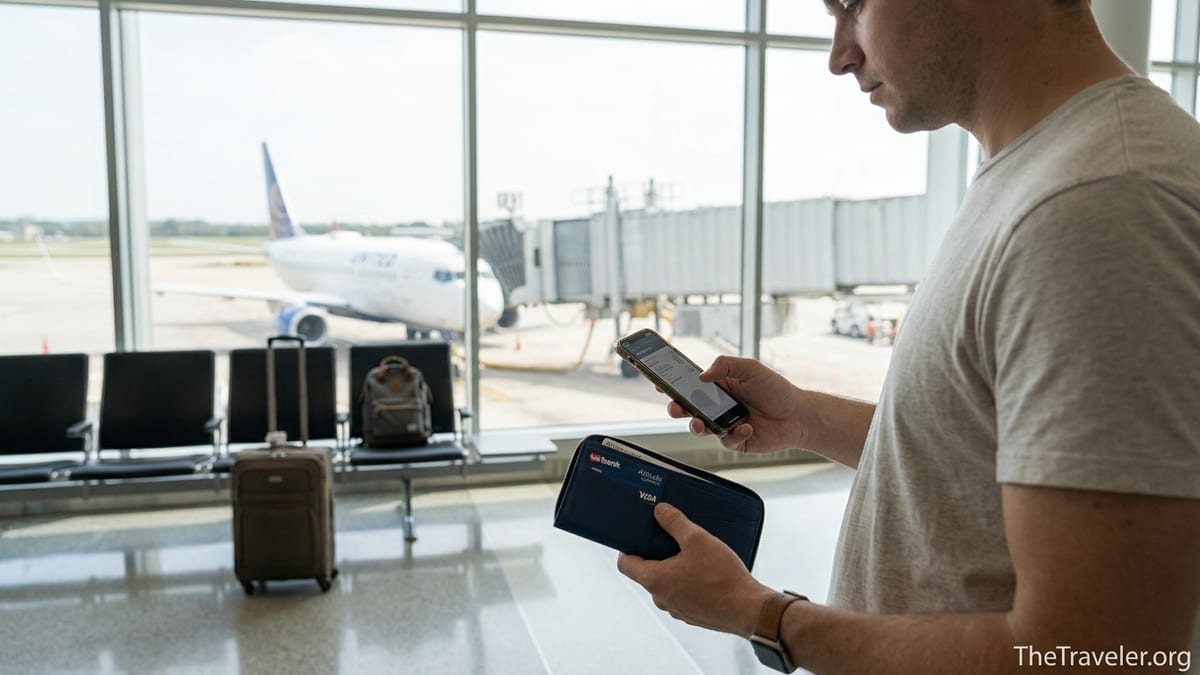 Traveler holding a U.S. Bank Altitude Connect card at a bright U.S. airport terminal window.