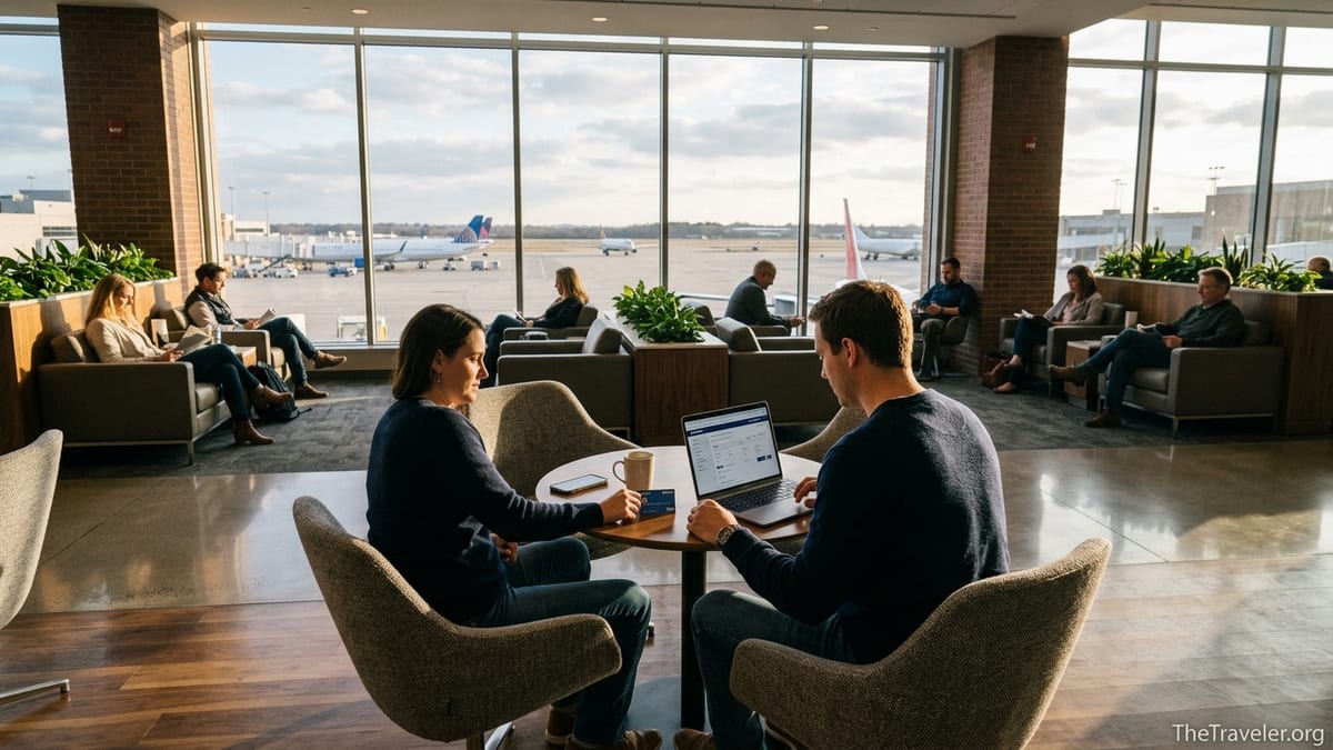 Traveler sets a U.S. Bank credit card beside a laptop in a bright airport lounge.