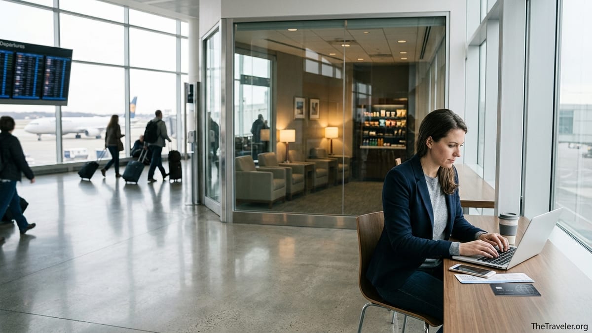Traveler using a credit card and laptop near an airport lounge with planes outside.