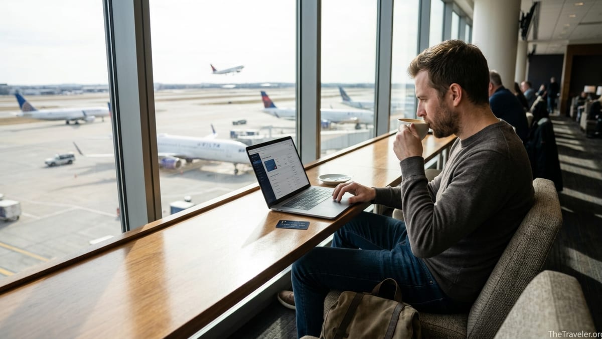 Traveler in an airport lounge reviewing a travel credit card on a laptop by a bright runway window.