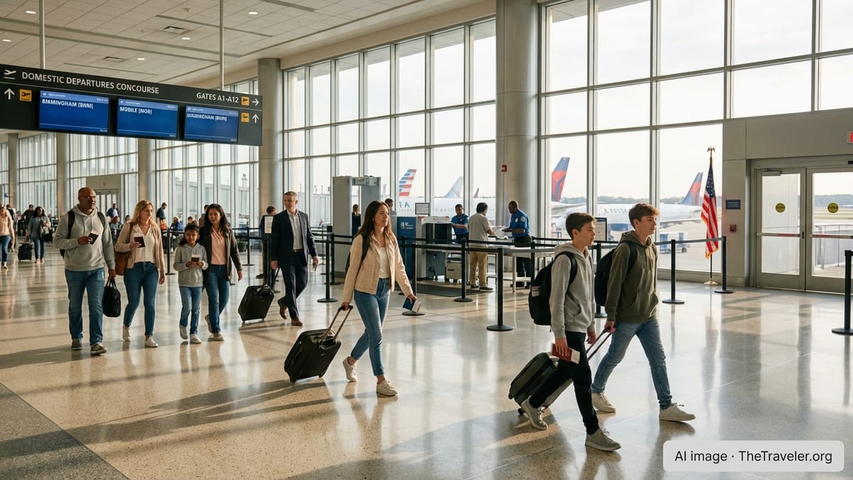 Travelers at a US airport walking toward domestic flights to Alabama through a sunlit terminal.