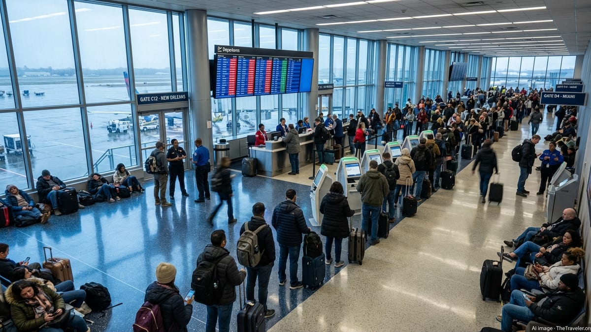 Crowded US airport terminal with passengers waiting under screens of canceled and delayed flights.