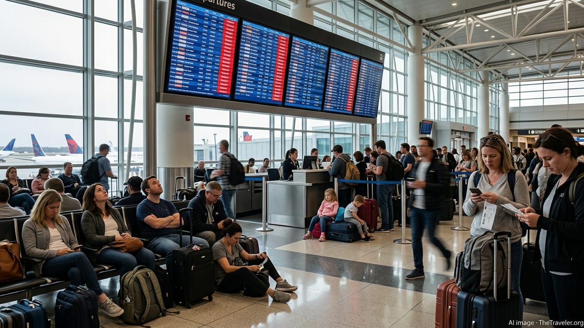 Crowded US airport terminal with passengers waiting under a departures board showing many delayed and canceled flights.