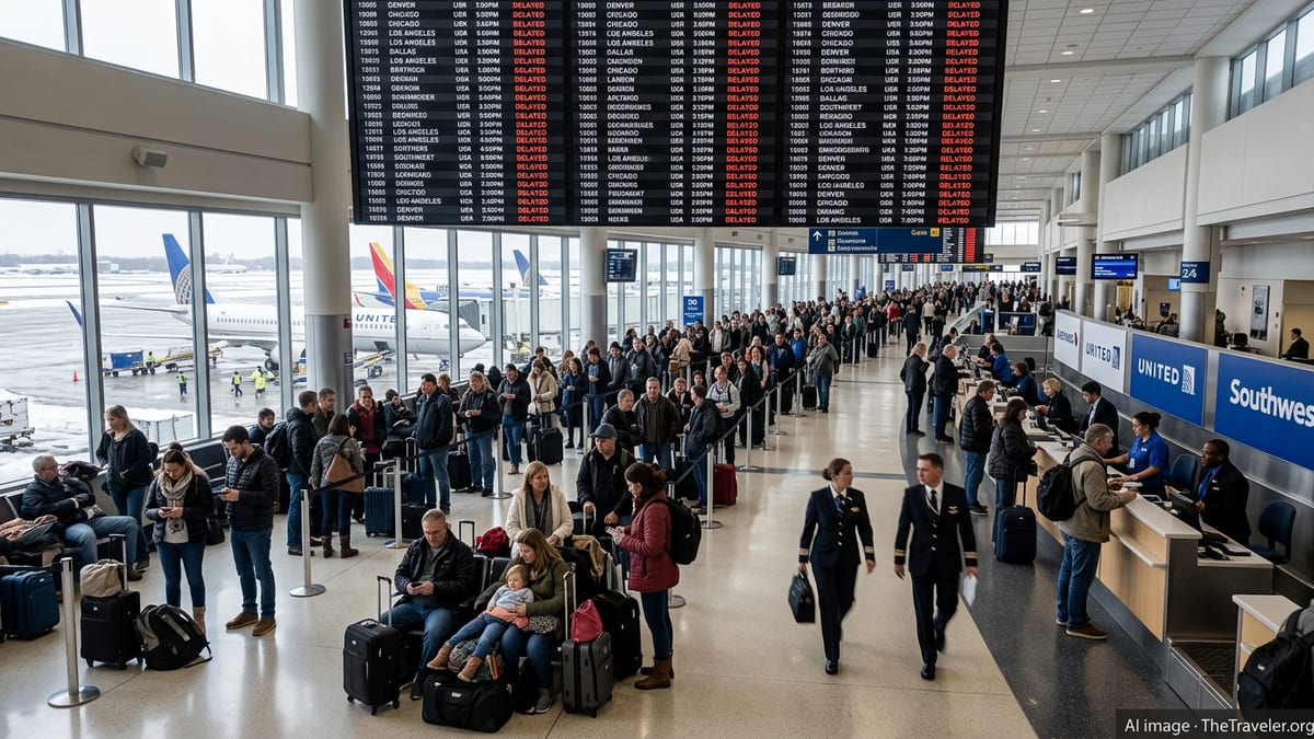 Crowded US airport terminal with long lines as departure board shows multiple flight delays.