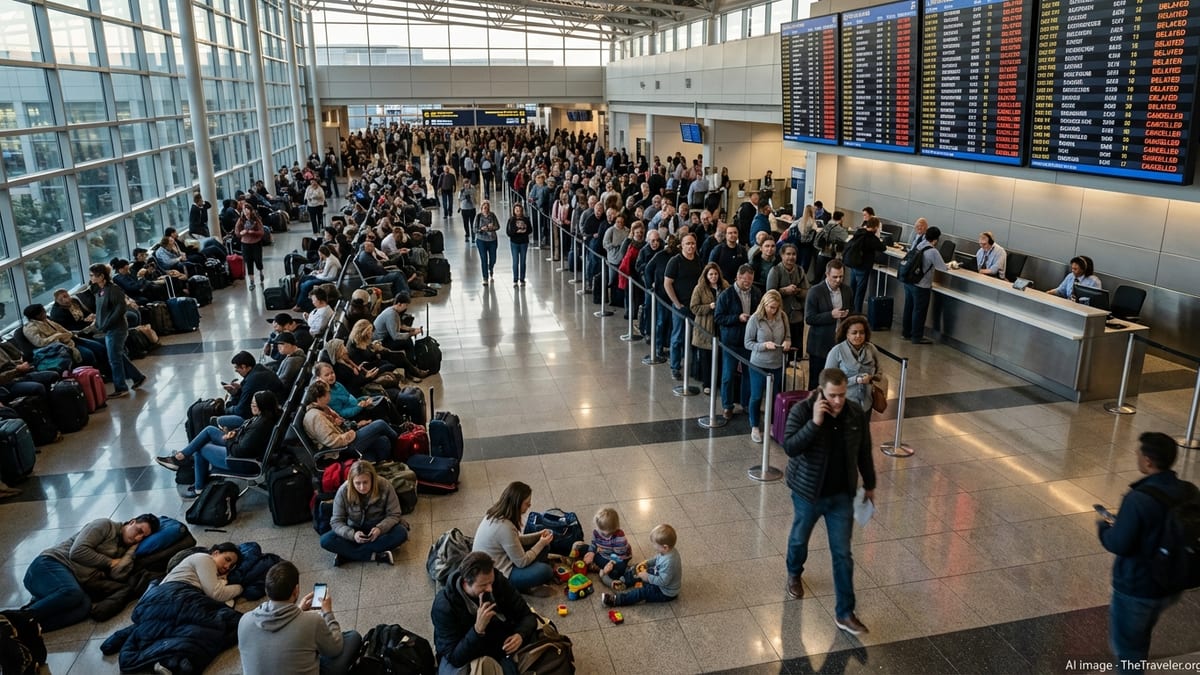 Crowded US airport terminal with stranded passengers and delayed flights on screens.