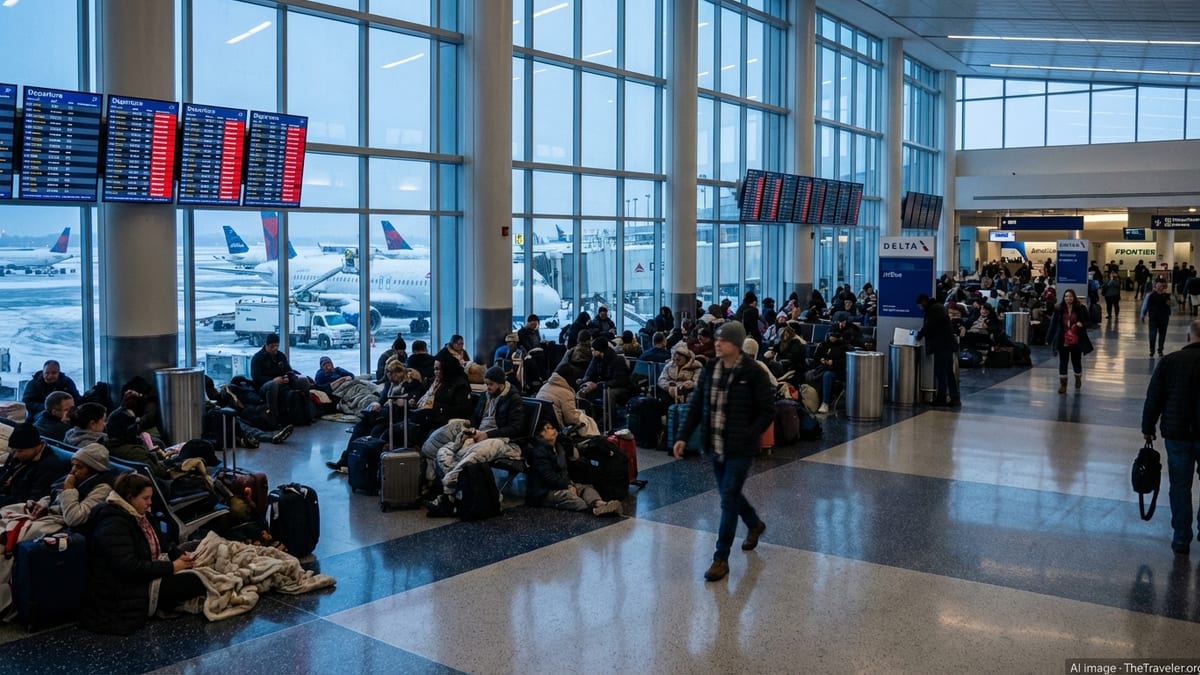 Stranded passengers sit with luggage in a busy U.S. airport as departure boards show widespread flight cancellations.