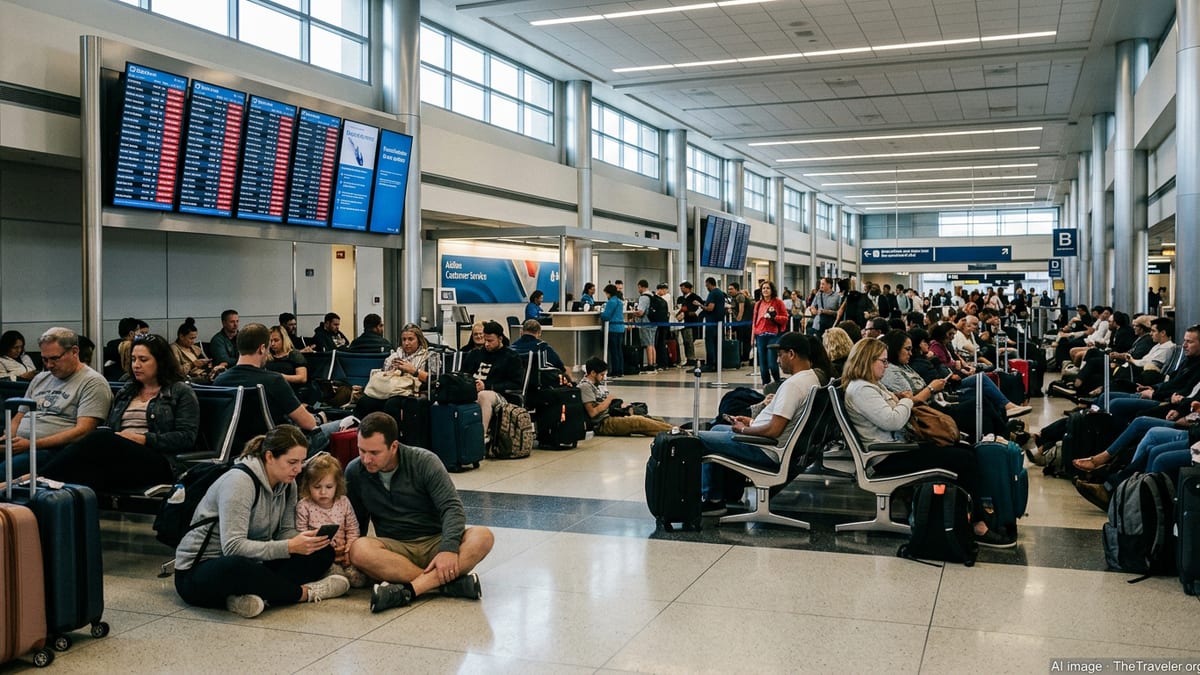 Stranded travelers sit with luggage under departure boards showing widespread flight delays and cancellations.