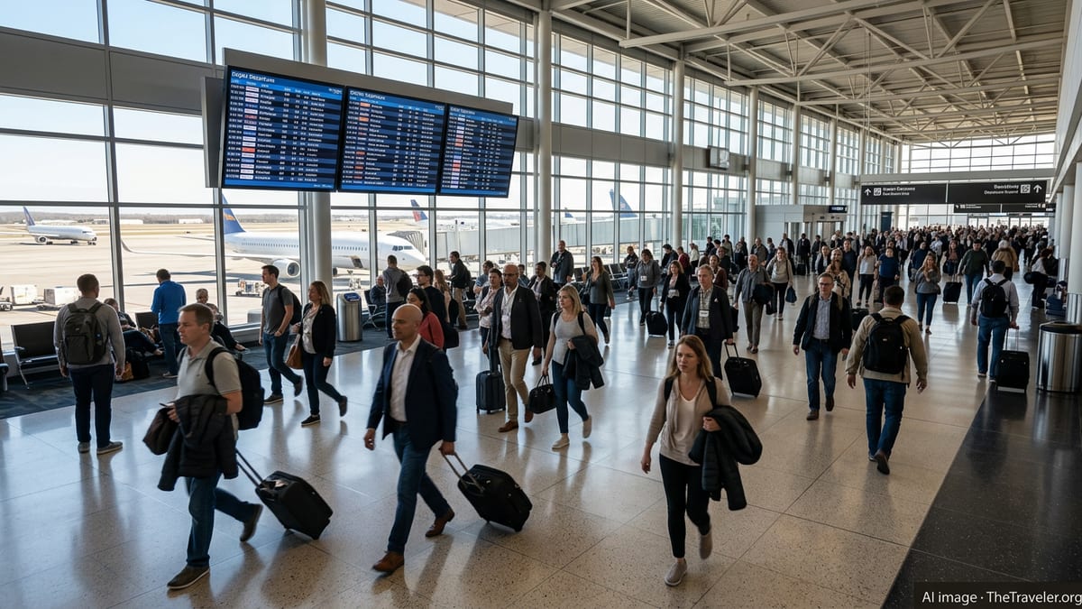 Crowded U.S. airport concourse with travelers walking under high glass ceilings toward busy gates.
