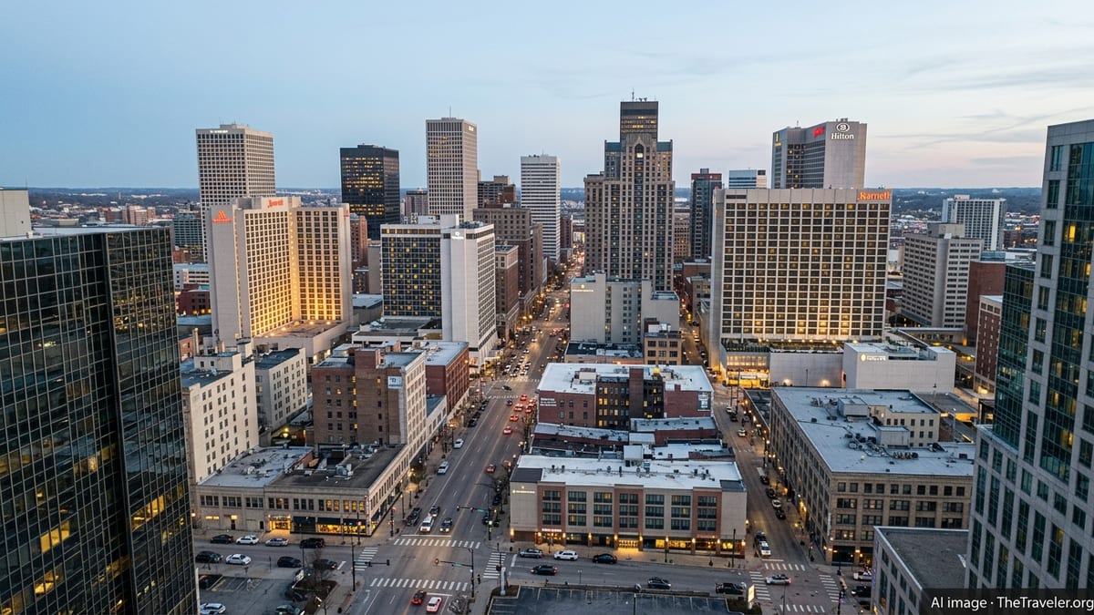 Aerial evening view of a U.S. city skyline with hotel towers showing mixed levels of occupancy.