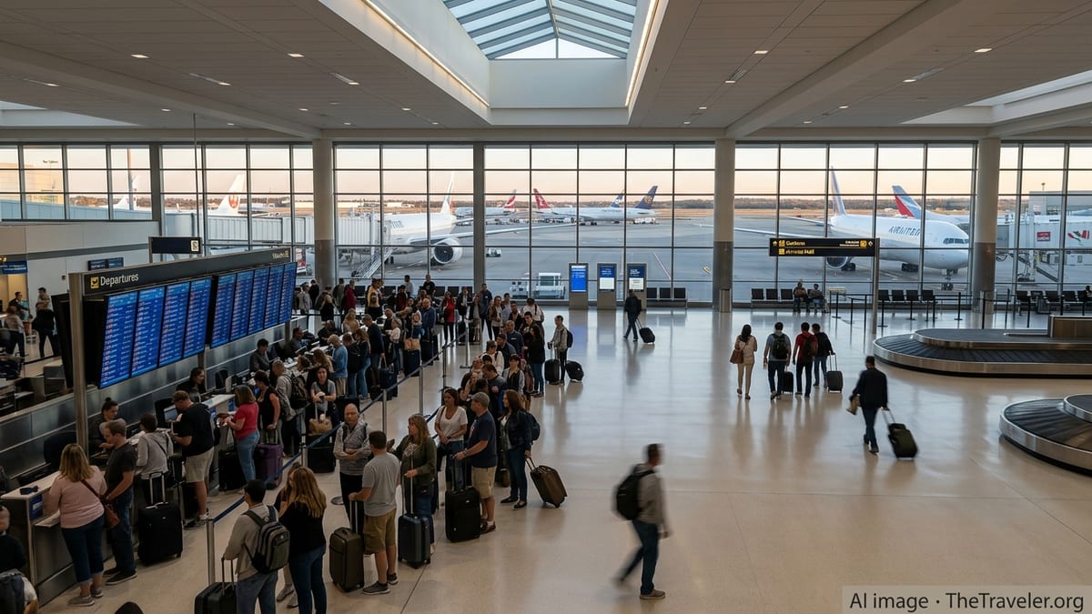 Busy US airport terminal with crowded outbound lines and sparse arrivals area.