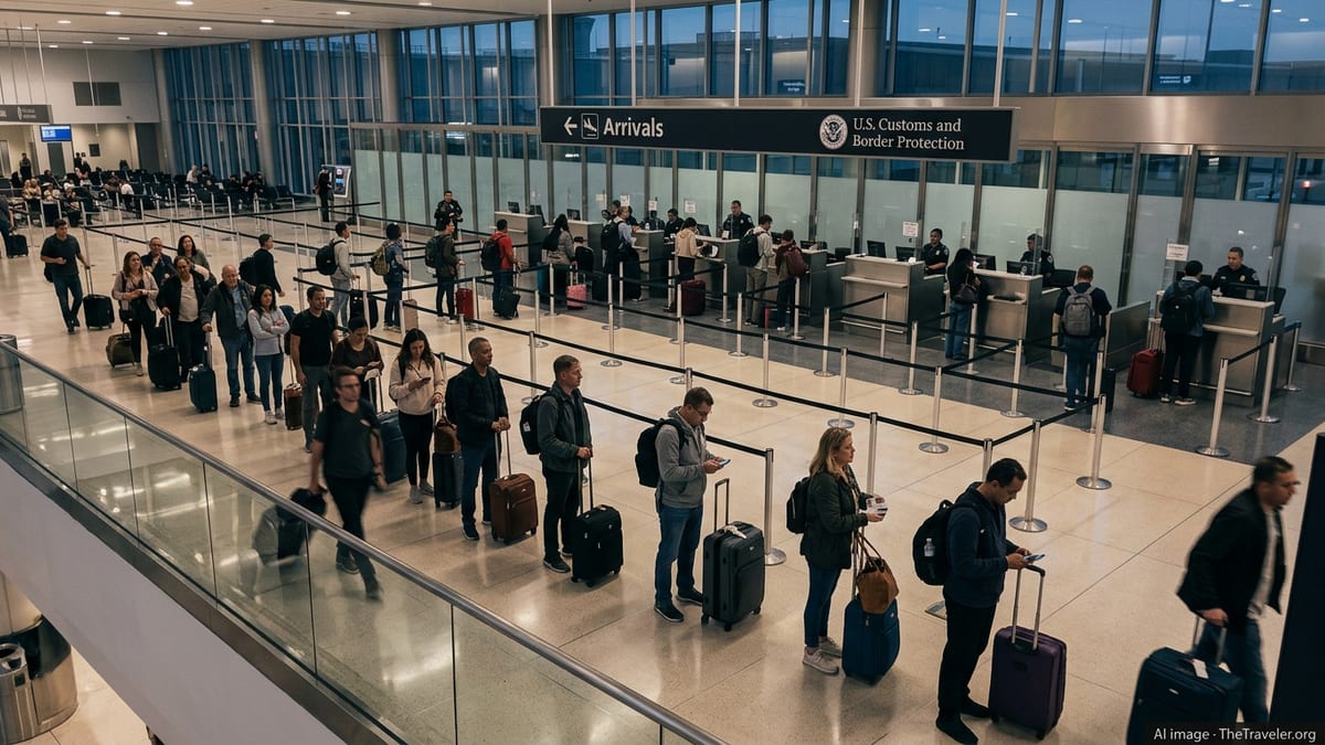 International travelers queue at a quieter than usual arrivals hall in a major US airport.