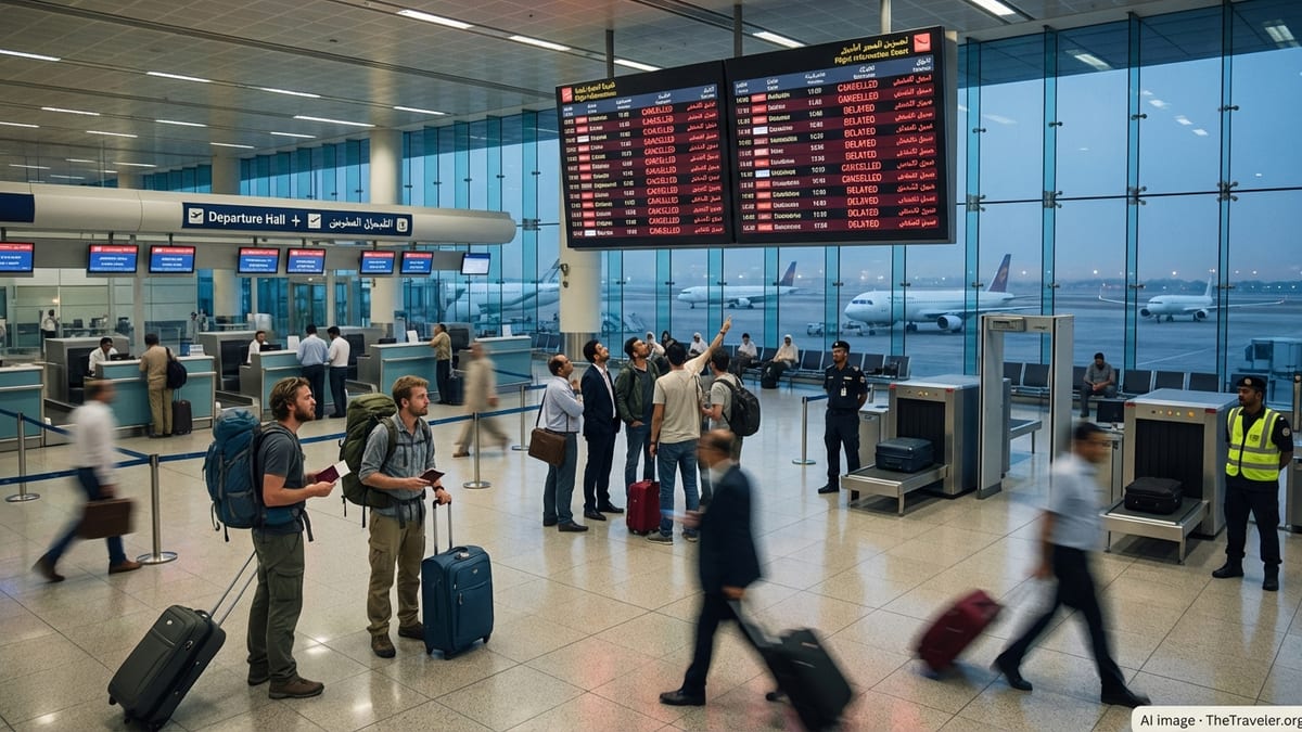 Travelers study departure boards in a Middle Eastern airport as flights are disrupted.