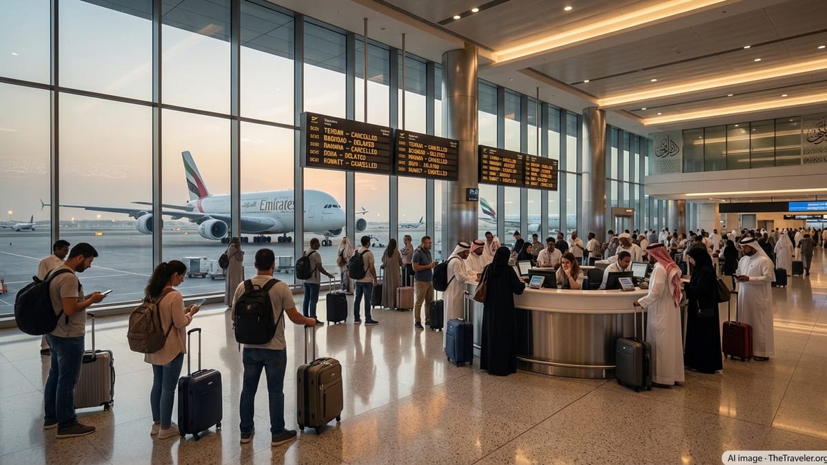Travelers in a Gulf airport terminal watch departure boards listing cancelled flights to Iran and Iraq.