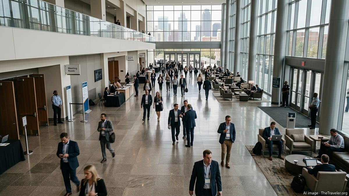 Business travelers move through a busy U.S. convention center lobby under visible security presence.