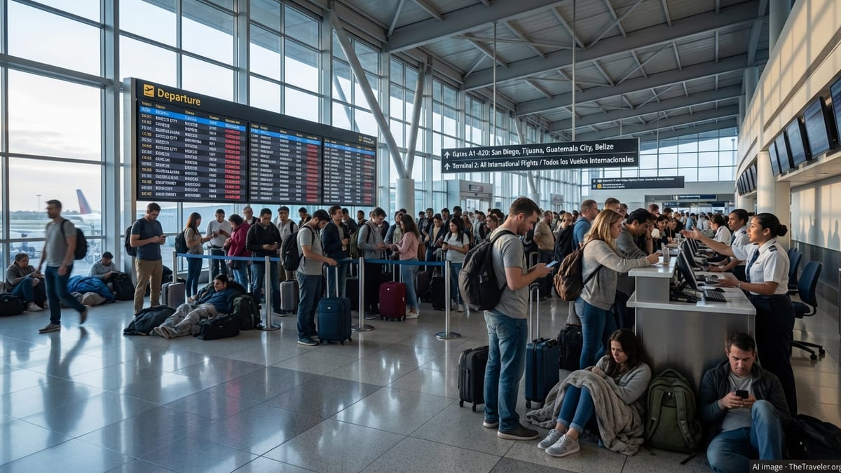 Travelers queue under canceled Mexico flights on a crowded airport departure concourse.