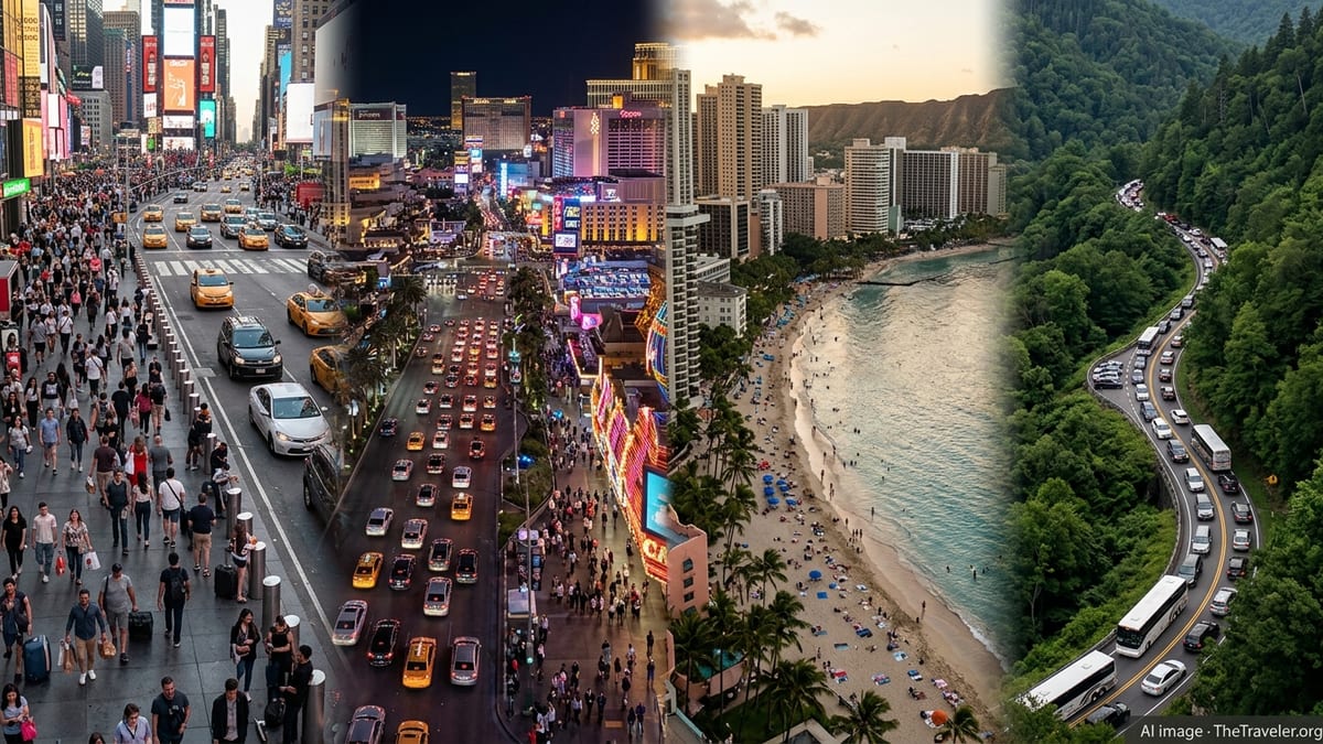 Crowded US tourism hotspots with packed city streets, busy beach and traffic-jammed mountain road.