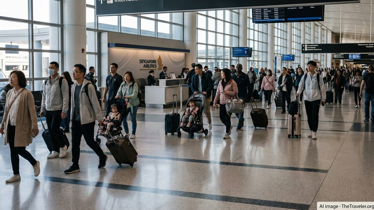 Passengers walk through Los Angeles International Airport’s international terminal near a Singapore Airlines gate.