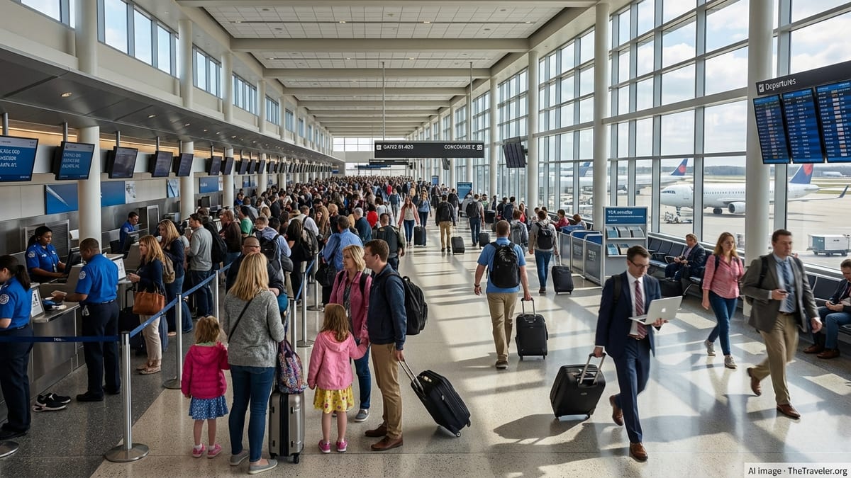 Crowded U.S. airport terminal with spring travelers in lines and planes visible through large windows.
