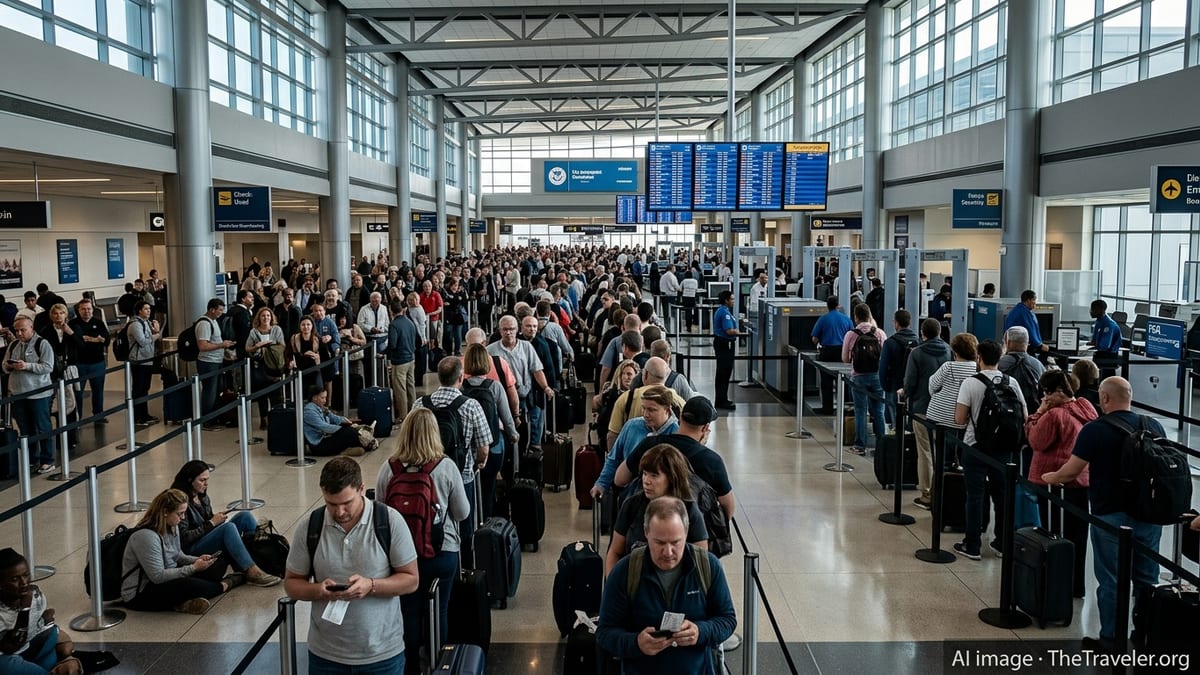 Crowded U.S. airport terminal with a long TSA security line stretching through the check-in hall.