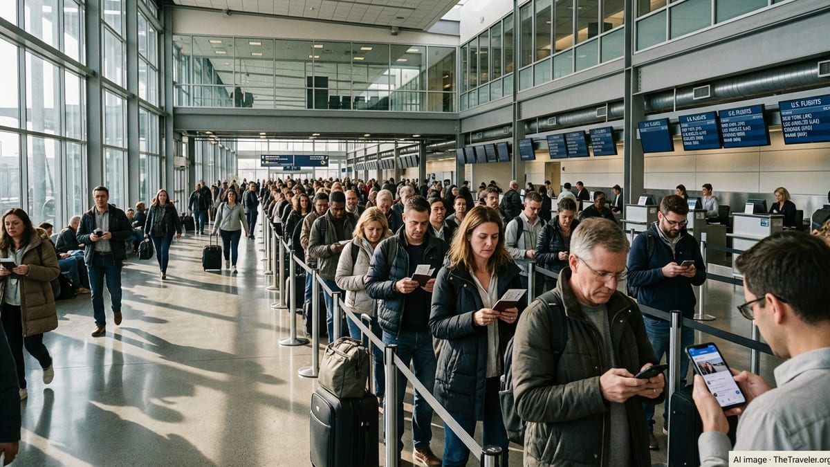 International travelers queue for U.S.-bound flights in a busy airport departures hall.
