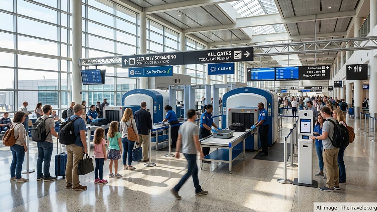 Travelers move through TSA security lanes with modern scanners at a busy U.S. airport.