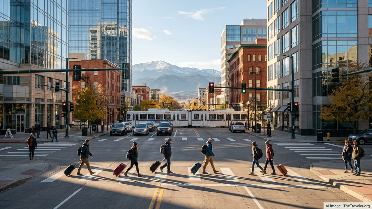 Downtown Denver street scene at sunrise with travelers and the Rocky Mountains in the background.