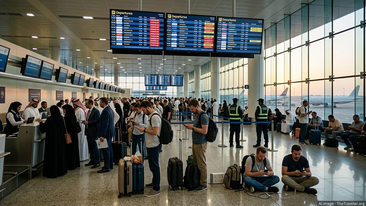 Crowded Riyadh airport departures hall with anxious travelers and many canceled flights on the board.