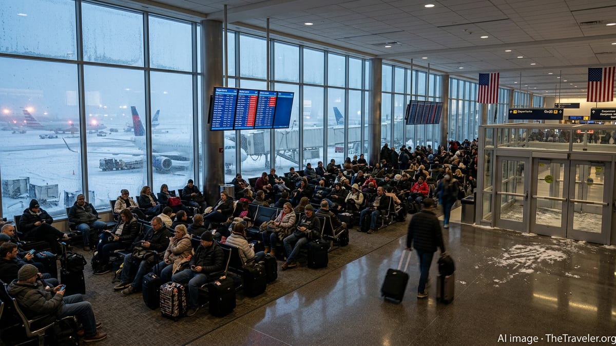 Crowded US airport terminal as snowstorm blankets planes and delays flights.