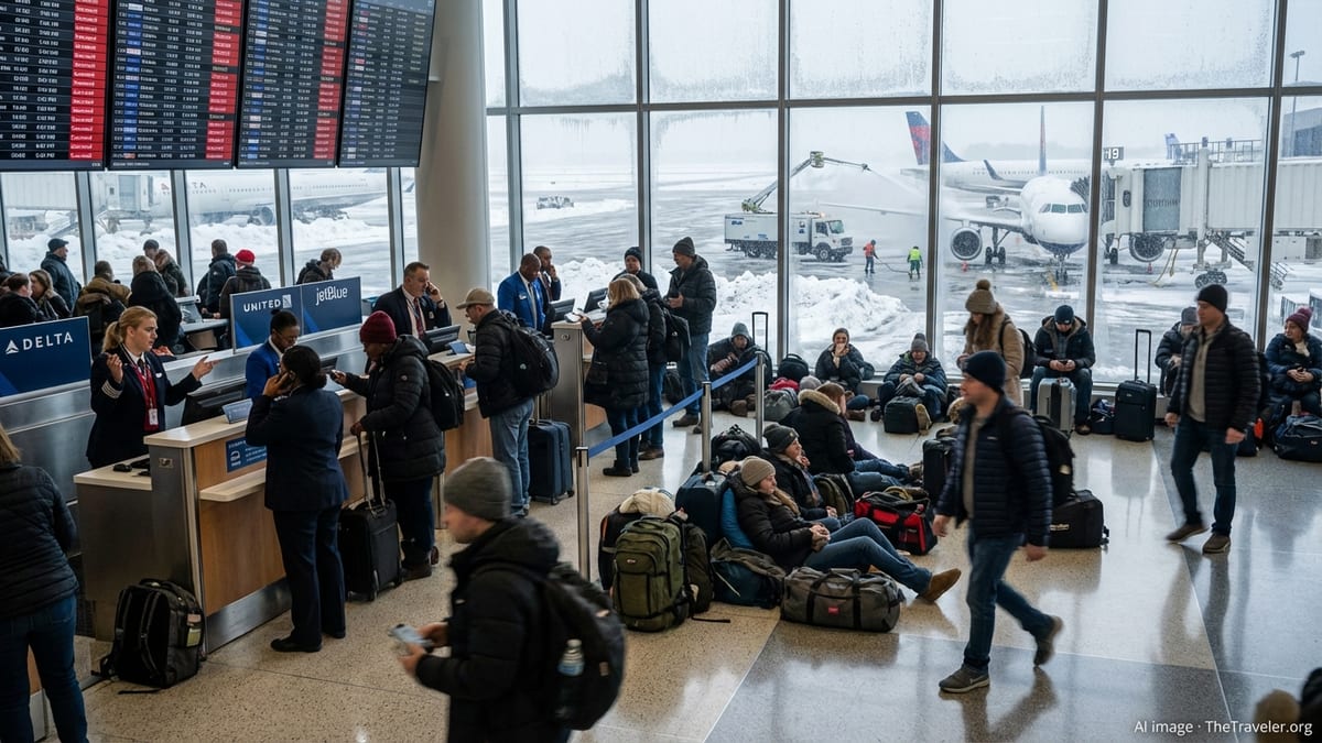Crowded U.S. airport terminal with winter-clad passengers under boards showing multiple flight cancellations.